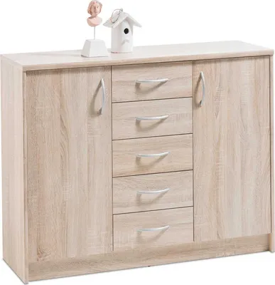 Produktbild von Kommode - Eichedekor Sonoma - 109 x 86 cm - 2 Türen - 5 Schubladen - 4 Einlegeböden