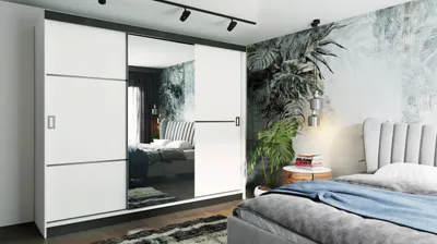 Produktbild von RETRO-2 Schiebetürenschrank 200x205, Kleiderschrank, 3-türig, mit Spiegel - Weiß + Schwarz