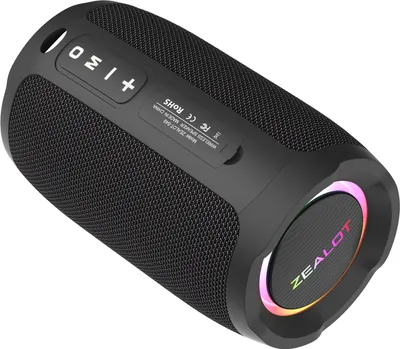 A black portable wireless speaker with colorful LED lights on the side.