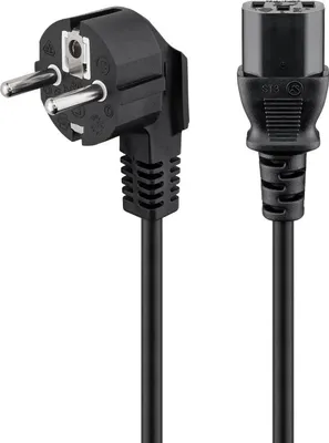 A black power cord with two different connectors on each end, shown against a white background.