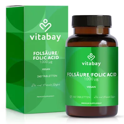 Produktbild von Vitabay Folsäure Tabletten Hochdosiert 1000 mcg (VItamin B9) - 240 VEGANE Tabletten - Folsäure Kinderwunsch Schwangerschaft Vitamine - für Männer - Hohe Bioverfügbarkeit - Labor