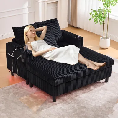 Immagine prodotto di Abrihome chaise longue in velluto con cuscini e schienale, divano reclinabile con portabicchieri, USB&LED, nero