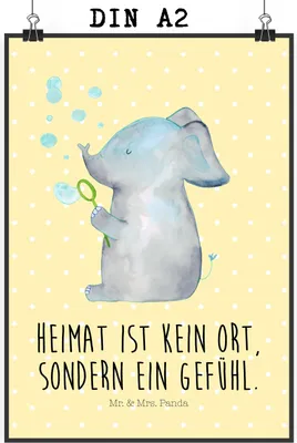Produktbild von Mr. & Mrs. Panda Bild Elefant Seifenblasen DIN A2 - Gelb Pastell - Geschenk, Wandbild, Lustige Sprüche, Kunstdruck, drucke, Liebesspruch, Elefanten, Liebe, Heimat, Plakat