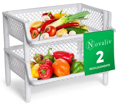 Produktbild von Novaliv 2 Stück Korbregal Weiß Steckregal Stapelbar & Erweiterbar, Regale für Vorratsraum, Lebensmittelregal, Obstregal Keller Aufbewahrungssystem, Vorratskammer Ordnungssystem, Getränkeregal