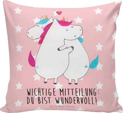Produktbild von Mr. & Mrs. Panda Dekokissen Einhorn Mitteilung - Rot Pastell - Geschenk, kuschelkissen 40x40, Liebe, Partner, Spruch, Sofakissen, Kissen, Deko, Unicorn, Kuschel, bedruckt