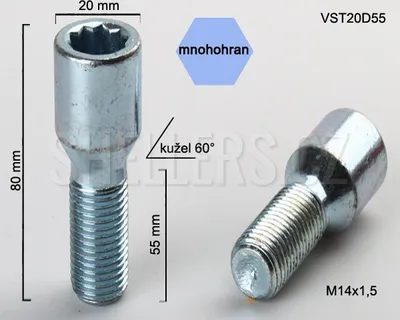 Obrázok produktu pre Skrutka kolesa M14x1,5x55 s vnútorným polygónom, VST20D55, priemer hlavy 20 mm, výška 80