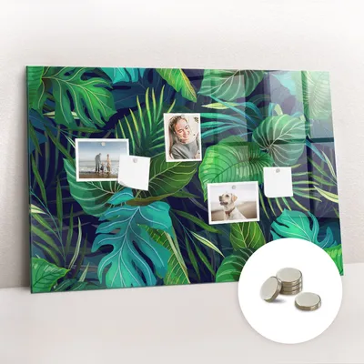 Obrázok produktu pre Magnetická tabuľa na stenu - Memo Tabuľa Sklenená - vrátane 5 magnetov - 90x60 cm - Exotické listy