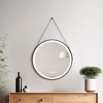 Zdjęcie produktu dla Heilmetz lustro łazienkowe okrągłe 50cm lustro z oświetleniem dotykowym ściemnialne zmienne oświetlenie lustro z zawieszeniem na pasku stylowy industrialny styl