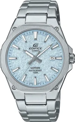 A close-up studio shot of a silver Casio Edifice watch with a light blue textured dial.