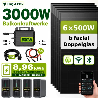 Produktbild von 3000 Watt Balkonkraftwerk mit Speicher Marstek B2500-D 8,96 kWh, 6x500Wp bifaziale Solarmodule Solarpanel, PV Solaranlage Solarspeicher