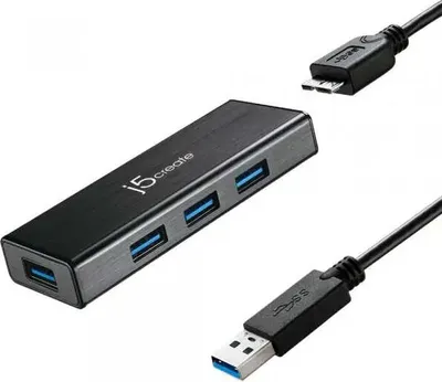 Zdjęcie produktu dla j5create JUH340, USB 3.2 Gen 1 (3.1 Gen 1) Micro-B, USB 3.2 Gen 1 (3.1 Gen 1) Type-A, 5000 Mbit/s, Czarny, Aluminium, 0,6 m