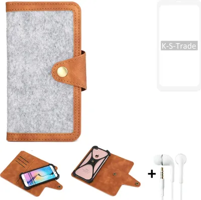 Produktbild von K-S-Trade Handyhülle + Kopfhörer kompatibel mit OnePlus OnePlus 8 Schutzhülle Filz Hülle Kunstleder hellgrau braun (1x)