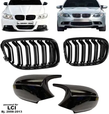 Produktbild von Sport Kühlergrill Spiegelkappen schwarz glänzend Set passend für BMW E90 E91 08- LCI
