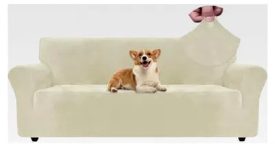 Produktbild von Samt Sofabezug für 3-Sitzer, Stretch Sofaüberzug, rutschfester Sofaschoner, elastischer Couchüberzug mit Armlehnen, Sofaschutz für Katzen, beige