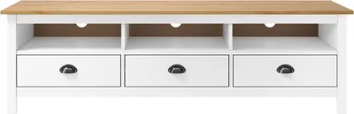 A white TV stand with a wooden top and three drawers and three open shelves.