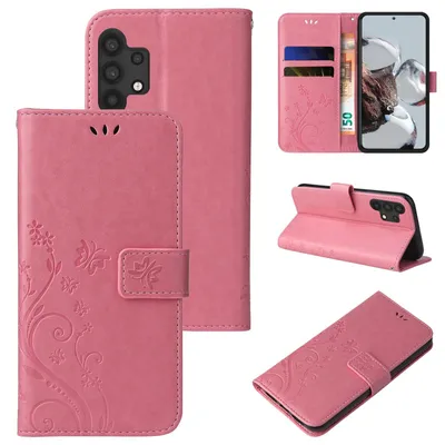 A collage of images showing a pink floral butterfly embossed flip phone case from multiple angles.