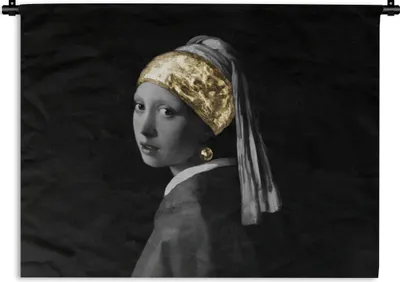 Produktbild von MuchoWow® Wandteppich Wandbehang Mädchen mit Perlenohrring - Vermeer - Stirnband - Gold 150x112.50 cm Tapisserie Dekoration Wandtuch - Wanddecke - Wandteppiche