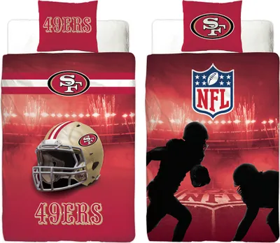 A collage of two images showing NFL San Francisco 49ers bedding sets, one with a helmet and the other with football players.