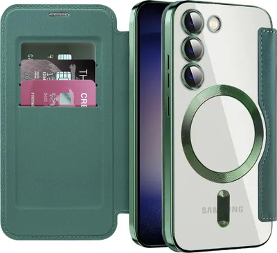 Immagine prodotto di Custodia per Samsung Galaxy S23 compatibile con MagSafe, custodia trasparente con portacarte, custodia in pelle con protezione della fotocamera verde