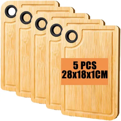 Produktbild von 5-teiliges Bambus-Schneidebrett-Set – 28 x 18 x 1 cm große Bambus-Frühstücksbretter, Holz-Schneidebrett-Set mit Saftrille, rutschfestes Bambus-Schneidebrett für Küche, Brot und Gemüse