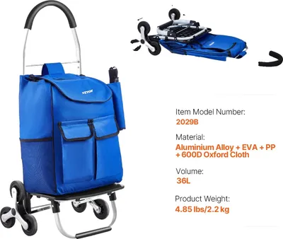 Zdjęcie produktu dla Składany wózek na zakupy, kółka do wchodzenia po schodach, pojemność 36 l, nośność 150 funtów, 150 funtów