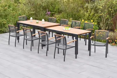 Produktbild von Merxx Gartenmöbel Set Tilos 11tlg., 10 Stapelsessel, Flex Ausziehtisch 180 (180) x 100 (83) x 80 (74) cm- Aluminium/Akazie