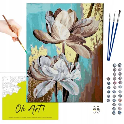 Produktbild von Oh Art! – Malen nach Zahlen Set – 40x50cm, mit Holzrahmen und Pinseln "Blumen und Gold" DIY – Goldfarben