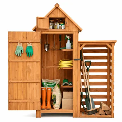 Produktbild von HOMAVO Gerätehaus Holz mit Kaminholzregal & UV-Schutz Pultdach,Gartenhaus Holz mit Boden,131×54.3×179 cm,Geräteschuppen für Garten,Hinterhof,Rasen
