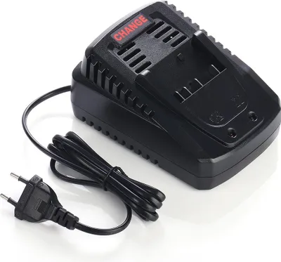 A black battery charger with a power cord and plug is shown against a white background.