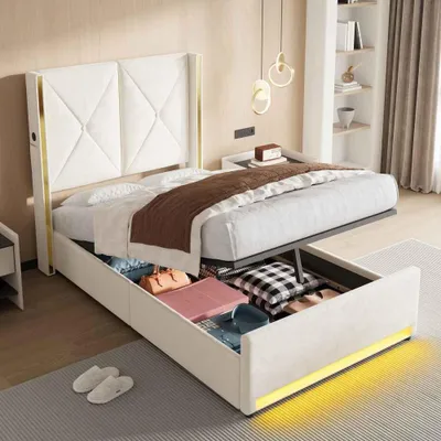 Immagine prodotto di Letto imbottito multifunzionale AIORBER 90x200 cm in velluto, letto con contenitore e sistema idraulico, illuminazione a LED e porte USB/Type-C, con tasche laterali incluse, beige