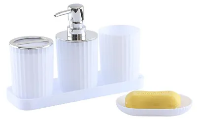 Obrázok produktu pre Sada doplnkov do kúpeľne, 5-dielna, biela, plastová: dávkovač mydla, miska na mydlo, držiak na zubné kefky, pohárik na ústnu vodu, organizér