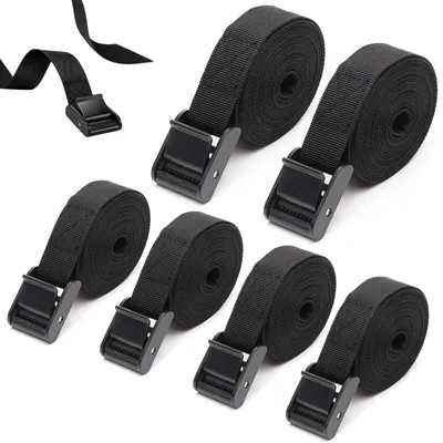 Immagine prodotto di Set di 6 cinghie di fissaggio, 2 cinghie da 2 metri e 4 cinghie da 1 metro, colore nero, larghezza 25 mm, con chiusura in plastica