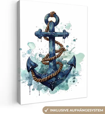 Produktbild von MuchoWow® - Leinwandbilder - Anker - Blau - Weiß - Maritim, Wandbild, Wanddeko Bilder Wohnzimmer, 90x120cm