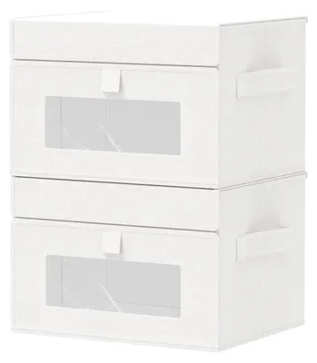 Image de Boîtes de rangement avec couvercle, boîtes de rangement pliables avec fenêtre transparente, panier de rangement en tissu avec 2 poignées en tissu, lot de 2, blanc, 26 x 20 x 17 cm