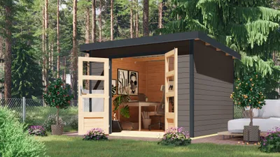 Produktbild von Karibu Gartenhaus Hybridhaus Metall Pluto 6 terragrau 271x271x218,5 cm