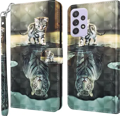 Produktbild von CLM-Tech Hülle kompatibel mit Samsung Galaxy A23 5G - Tasche aus Kunstleder - Klapphülle mit Ständer und Kartenfächern, Katze Tiger grau