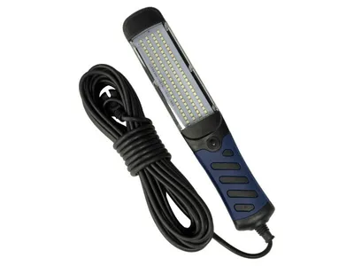 A corded LED inspection lamp with a coiled black cable is shown against a white background.