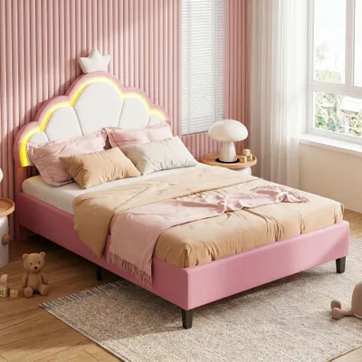 Produktbild von INONEFT Kinderbett, 90 x 200 cm, mit Kopfteil in Kronenform, verstellbares gepolstertes Kopfteil mit RGB-LED-Beleuchtung, rosa, Samtbezug