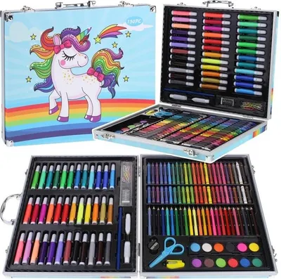 Image de Set d'art pour peindre - crayons de couleur, peinture, marqueurs, étui, 150 pièces - Bleu
