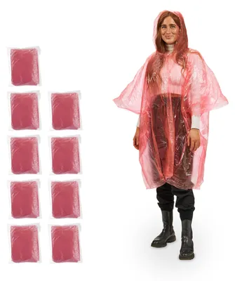Produktbild von Relaxdays Regenponcho Einweg, 10er Set, Einmal Regencape mit Kapuze, für Erwachsene, Notfallponcho Damen & Herren, rot