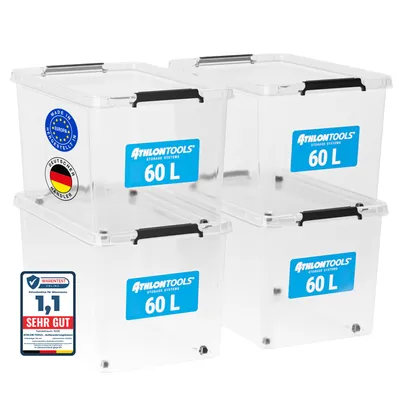 Produktbild von ATHLON TOOLS 4x 60L Aufbewahrungsboxen mit Deckel transparent – 100% Neumaterial - Stapelbare Plastik-Boxen – Lagerboxen