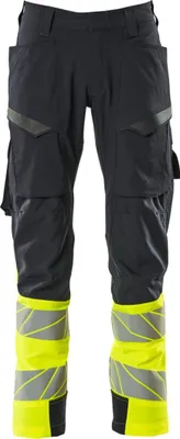 A pair of black work pants with high-visibility yellow and gray reflective bands on the lower legs.