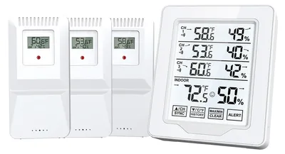 Obrázok produktu pre Digitálny teplomer a vlhkomer na meranie vnútornej vlhkosti so 3 senzormi, displejom HTN, bielym podsvietením a dosahom 150 m s bezdrôtovým prenosom