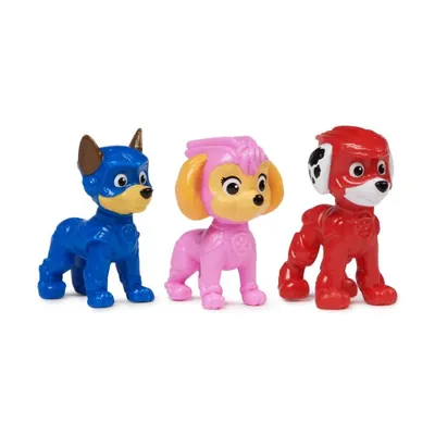 Three Paw Patrol character figurines are standing on a white background.