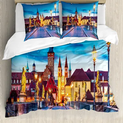 Produktbild von ABAKUHAUS Städtisch Bettbezug Set, Bunter Sonnenuntergang-Abend-Ansicht der alten Hauptbrücke im historischen Land Bayern Deutschland, 155 x 220 cm + 80 x 80 cm, Mehrfarbig