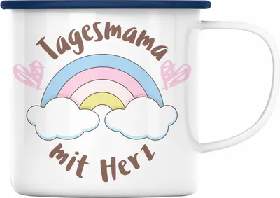 Produktbild von Trendation - Tagesmama Geschenk Emaille Tasse Tagesmutter Aufpasserin Erzieherin Geschenkidee mit Herz (Blau)
