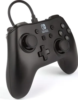 A black Nintendo Switch controller is shown from a slightly elevated angle against a white background.