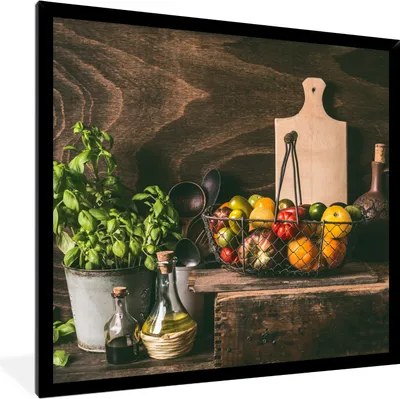 Produktbild von MuchoWow® Gerahmtes Poster Gemüse - Kräuter - Rustikal - Stilleben - Basilikum 40x40 cm - Poster mit Schwarzem Bilderrahmen Wandposter Rahmen Foto Bilder - Mit Rahmen - Wanddekoration Schlafzimmer