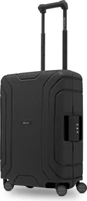 A black trolley suitcase with a telescopic handle and a combination lock.