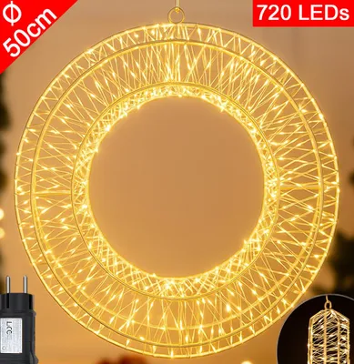 Produktbild von LED Metall Kranz Ø50cm mit 720 LEDs, Warmweiß, Hängekranz mit Timer, IP44, Innen/Außen, Weihnachtskranz Lichterkranz Türkranz Weihnachten
